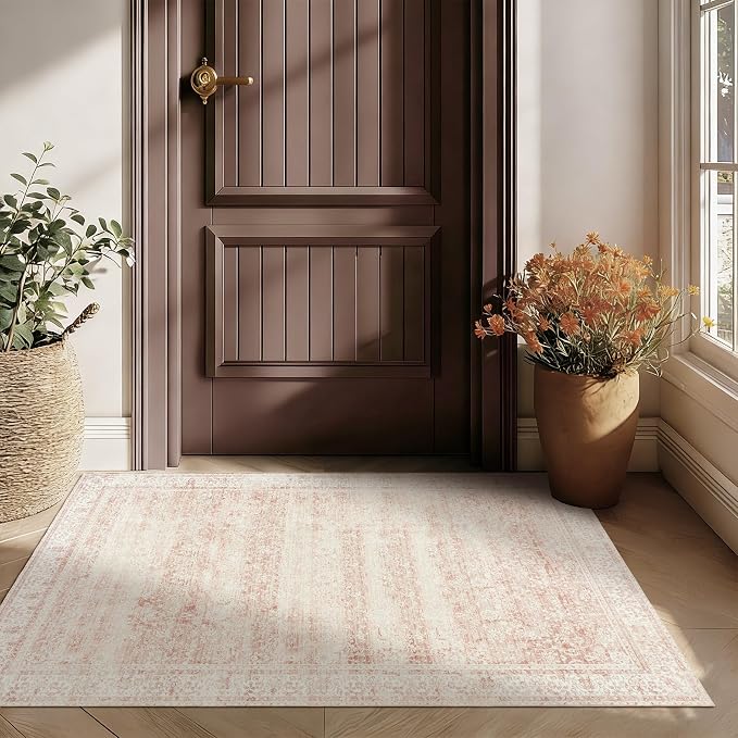 Pink Small Throw Rug for Bedreoom 2x3 Washable Boho Vintage Distressed by BILEEHOME