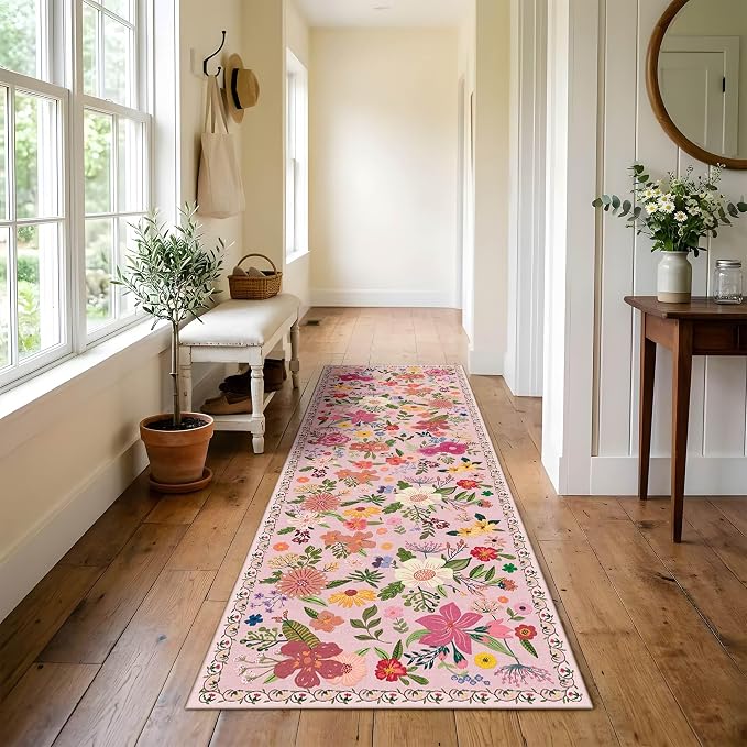 Latte&Fog Pink Washable Hallway Runner Rug 2x6, Non Slip Low Pile Vintage Rugs - Image 4