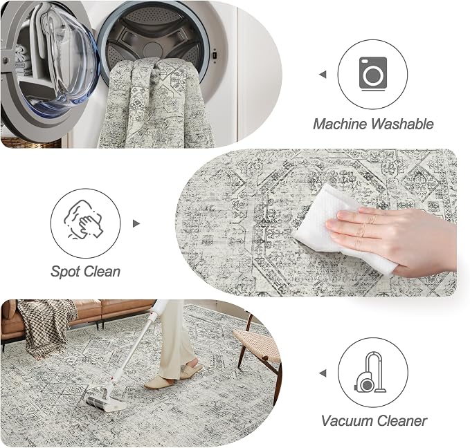 Soalmost 5x7 Area Rugs Grey Low Pile Indoor Washable Trendy Faded Style Floral - Image 4