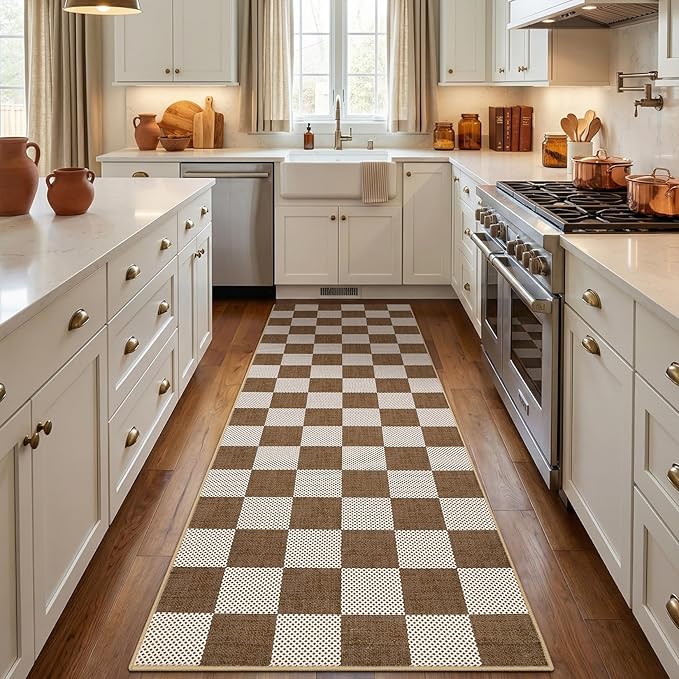 GarveeHome Checkered Terracotta Brown 2x3 Washbale Rug Door Mat Geometric - Image 2