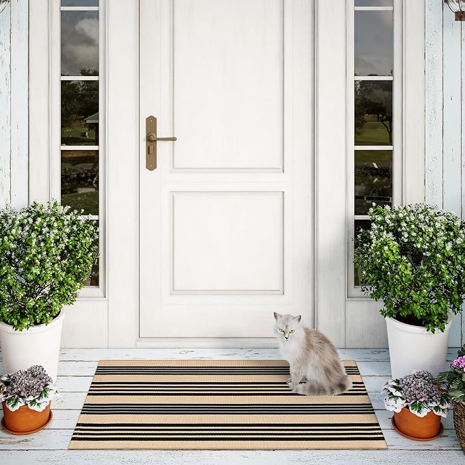 Striped Outdoor Front Door Mat 24"x51", Cotton Hand Woven Washable Black and - Image 8