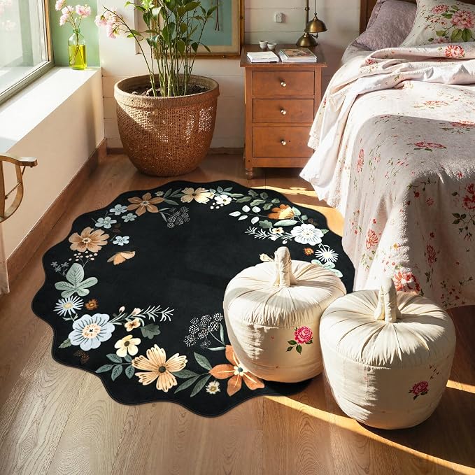 Lahome Floral Round Area Rugs, Washable Small Round Rug 3ft Non-Slip, Soft Boho - Image 3