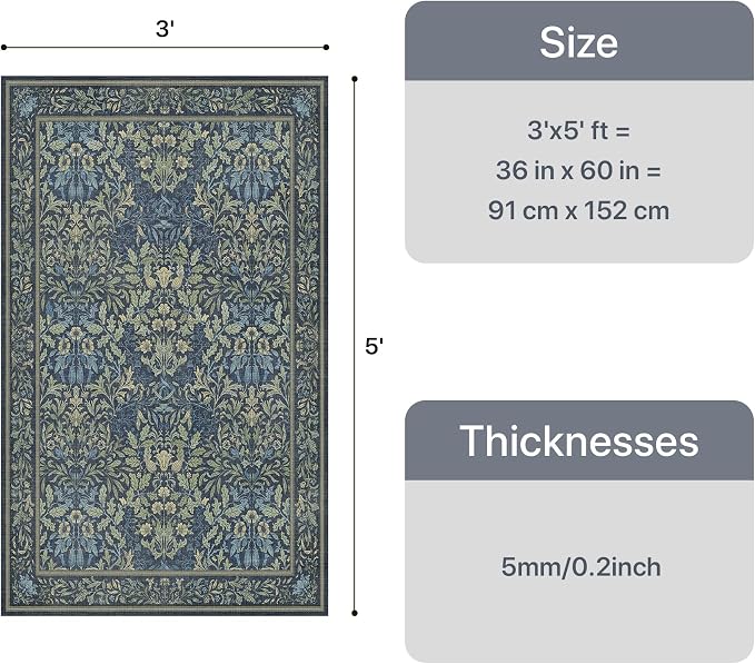 GENIMO Washable 3x5 Area Rug, Soft Vintage Floral Boho Carpet, Low-Pile - Image 2
