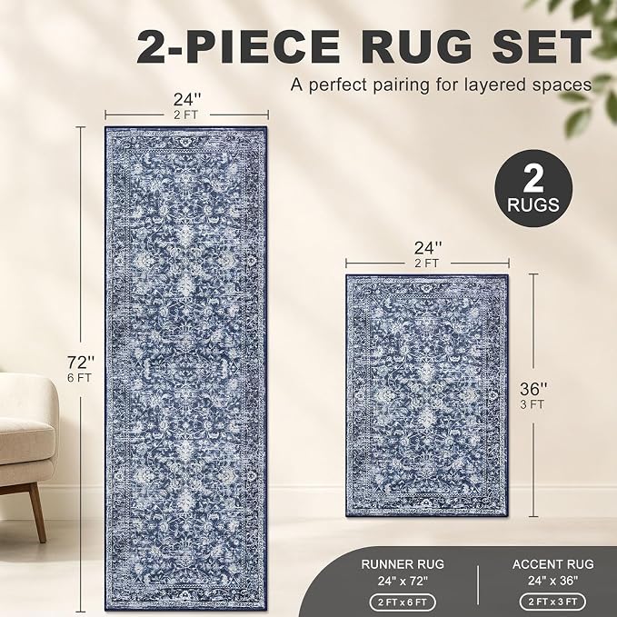 KILOCOCO Kitchen Rug Runner Sets of 2PCS 2x3 and 2x6 Washable Area Rug Non Slip - Image 2