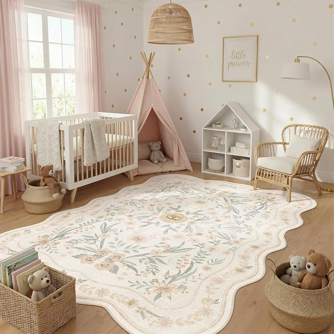 Scalloped Floral Rug 6x9, Neutral Beige Washable Non Slip Area Rug - Image 7