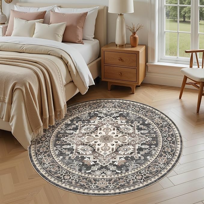 6ft Round Area Rug: Washable Vintage Neutral Soft Non Slip Thin Large Floor - Image 2