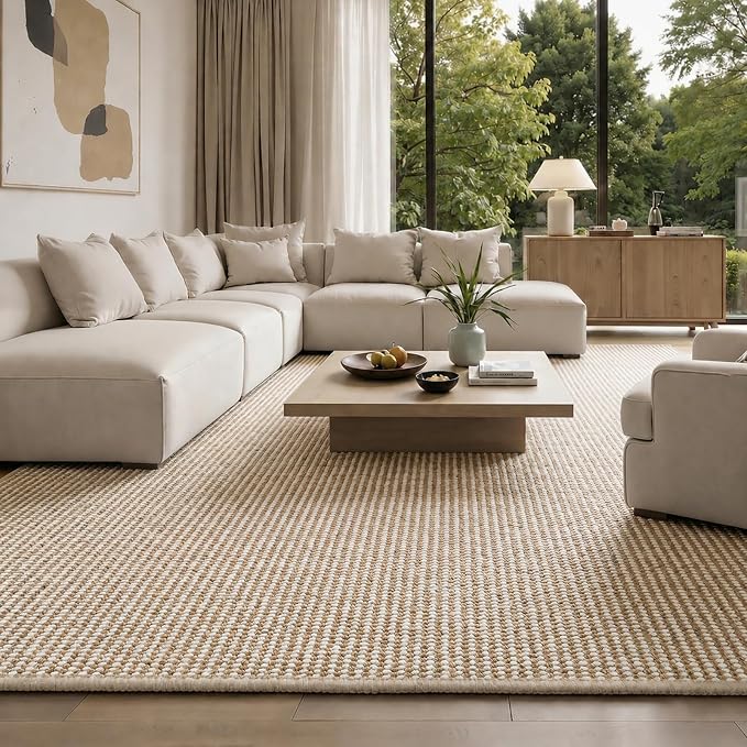 Faux Jute Area Rug 4'x6', Washable & Non-Slip, Taupe & White | 0.27" Low Pile by Unknown