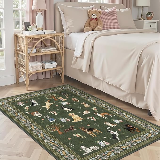 Floral Dog Machine Washable Rug Dark Green, 3x5 Rug Non Slip Soft Bedroom Rugs by WelcometoBabovid
