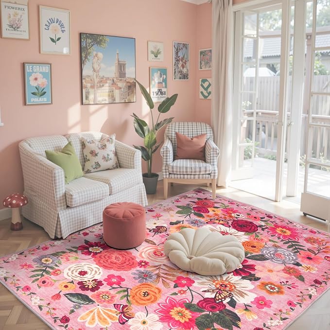 Pink Floral Bedroom Rug 4x6, Non-Slip Washable Rugs by WelcometoBabovid