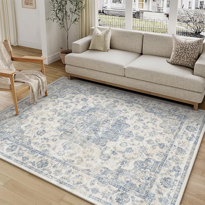 4x6 Washable Neutral Area Rug Blue Vintage Entryway Office Carpet Non-Slip Soft - Image 3