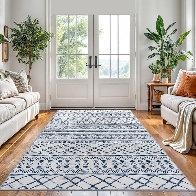 KUTA Area Rug 5x7, Moroccan Large Blue White Rugs Washable Boho Non-Slip - Image 3