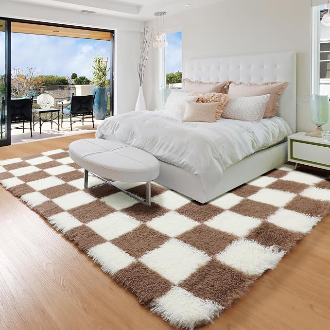 KICMOR Living Room Rug 5x8 Brown and Cream White, Large Fluffy Shag Fuzzy - Image 3