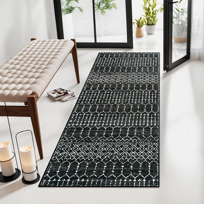 Lahome Moroccan Black Area Rug Non-Slip Low-Pile Washable Entryway Rug Kitchen by Lahome