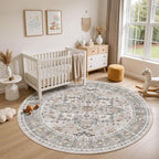 5ft Round Area Rug: Washable Vintage Neutral Soft Non Slip Thin Large Floor - Image 4