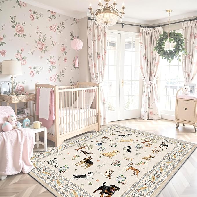 Dog Rug 4x6 Beige, Washable Floral Area Rugs Non Slip Low Pile Small Carpet - Image 2