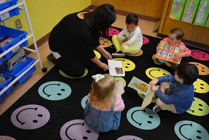 Flagship Carpets Rainbow Smileys in Black Criss-Cross Applesauce Educational - Image 6