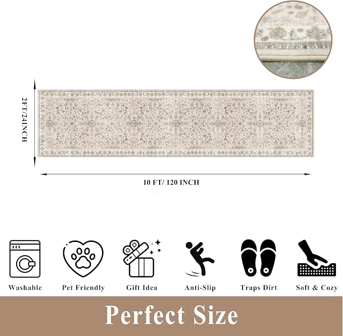 2x10 ft Hallway Runner Rug Washable – Boho Floral Non Slip Long Carpet Runner - Image 2
