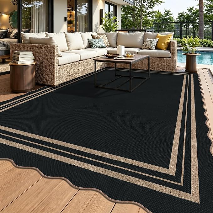 Scalloped Easy Jute Outdoor 8x10 Area Rug, Washable Outdoor Patio Rug, by LORWER