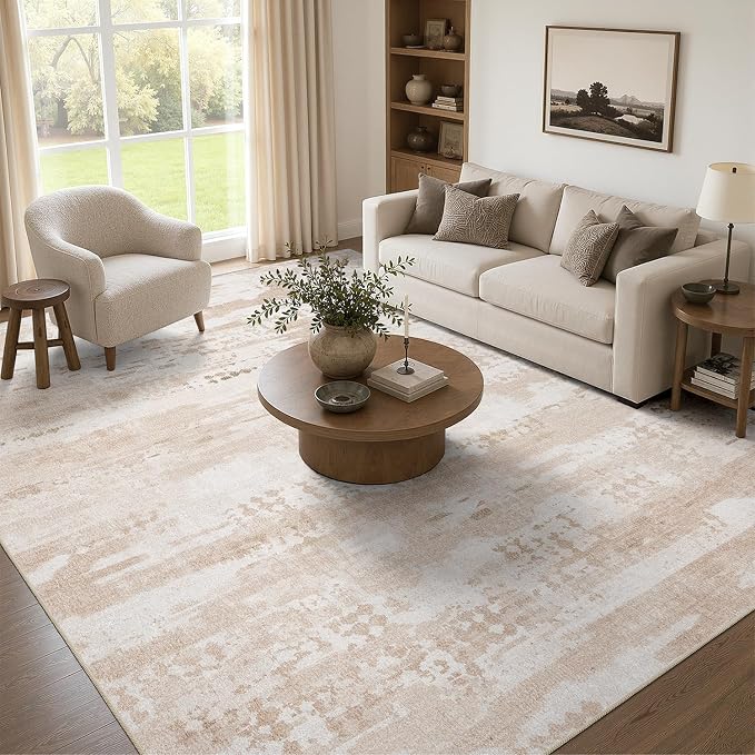DCX Abstract Area Rug 9x12, Washable Beige Brown Modern Rug by DCXWashableRug