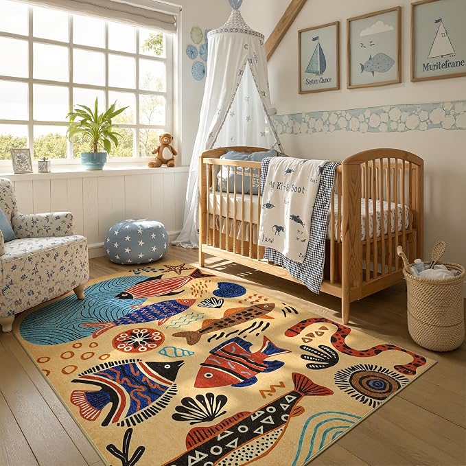 jinchan 5x7 Coastal Area Rug Kids Washable Fun Rug Colorful Ocean Fish Indoor - Image 2
