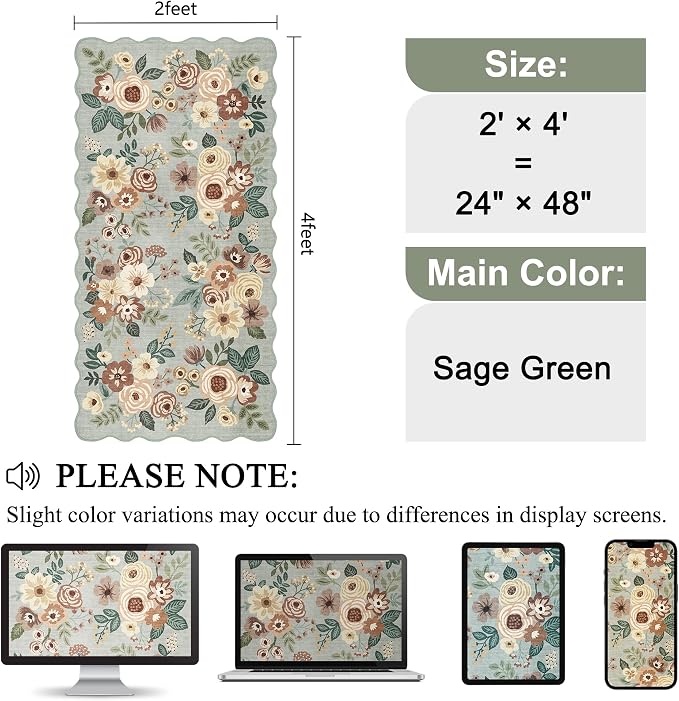 DUKINO 2x4 Washable Runner Rugs, Non Slip Floral Print Entryway Rug - Image 2