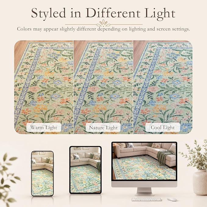 Wonnitar Machine Washable 5x7 Area Rug, Boho Floral Rugs - Image 9