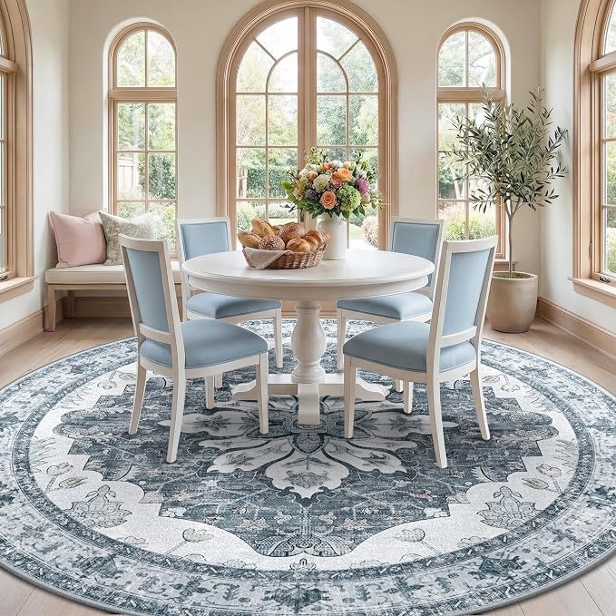 RELEANY Area Rugs Round 8ft Washable Non-Slip, Floral Vintage Distress - Image 2
