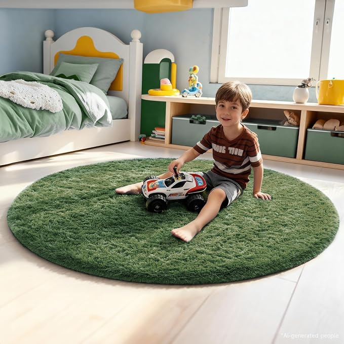 Ophanie Round Rug 5Ft Grey Green Circle Area Rug, Fluffy Fuzzy Bedroom Carpet - Image 3