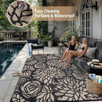 Outdoor Plastic Straw Rug Waterproof Patio 6x9 Black Brown Floral Mat - Image 7