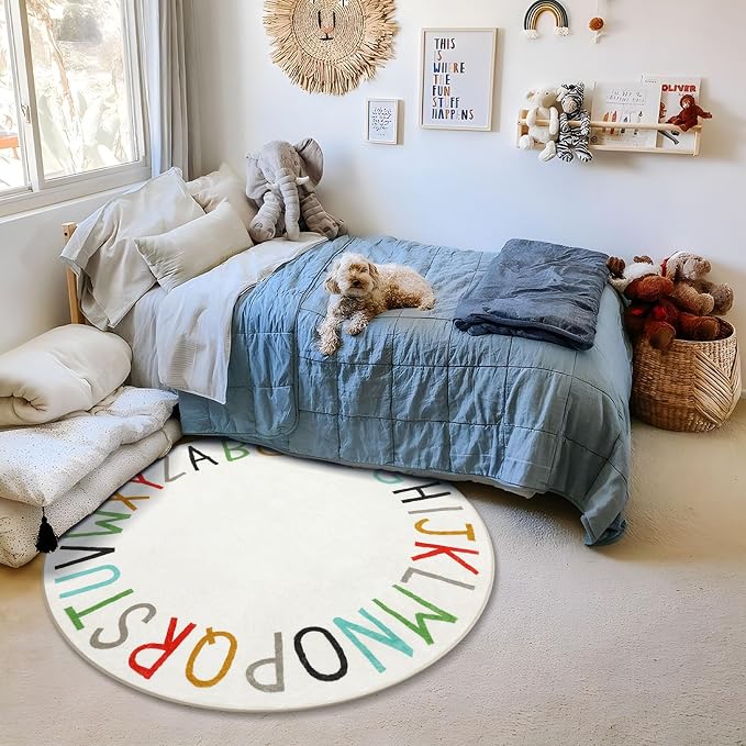 Topotdor Rainbow Round Kids Play Rug Alphabet Nursery Area Rug Extra Large Soft - Image 10