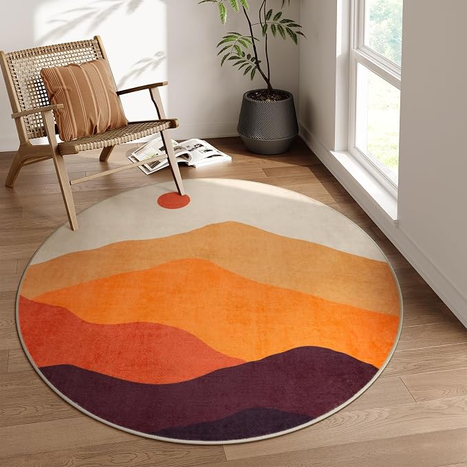 Sunset Round Rug 4ft, Soft Circular Bedroom Rugs Abstract Throw Carpet - Image 7