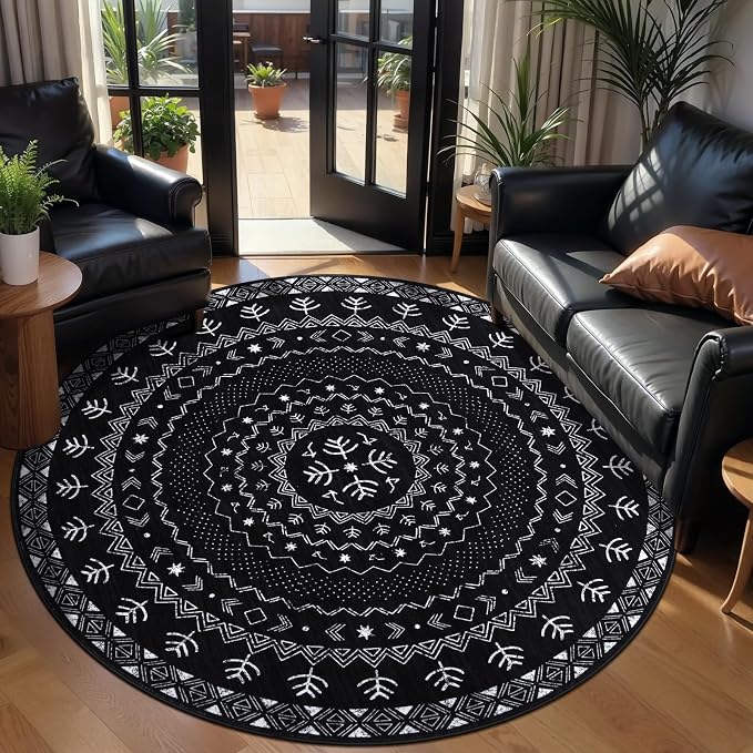 SERISSA Round Area Rug, 4ft Washable Non-Slip Black and White Boho Circle Rug - Image 2