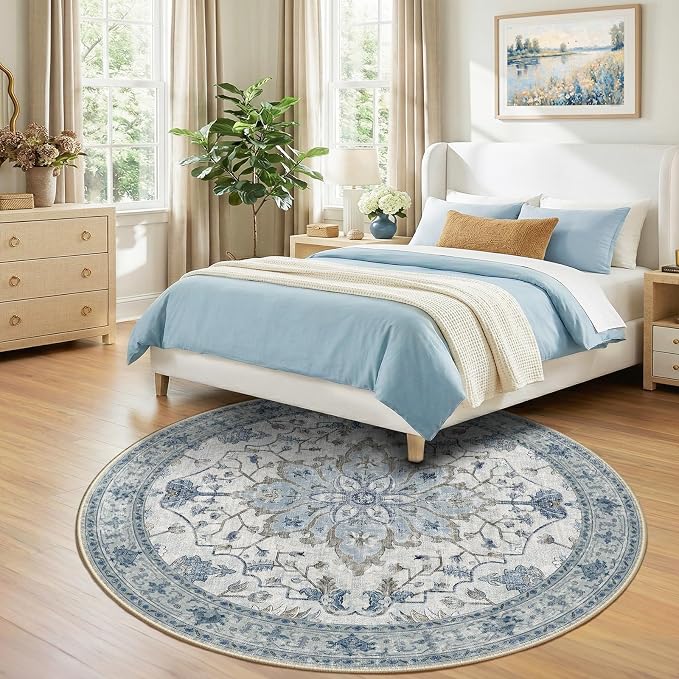 RELEANY Area Rugs Round 7ft Washable Non-Slip, Floral Vintage Distress - Image 2