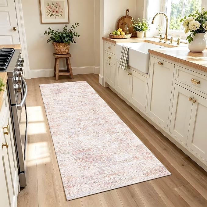 Latte&Fog Washable Pink Hallway 2x6 Runner Rug, Non Slip Floral Runner Rugs by LatteFog