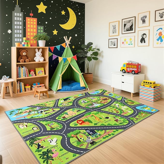 Zoo Adventure Kids Car Rug, Cute Animal Play Mat by BBENRON