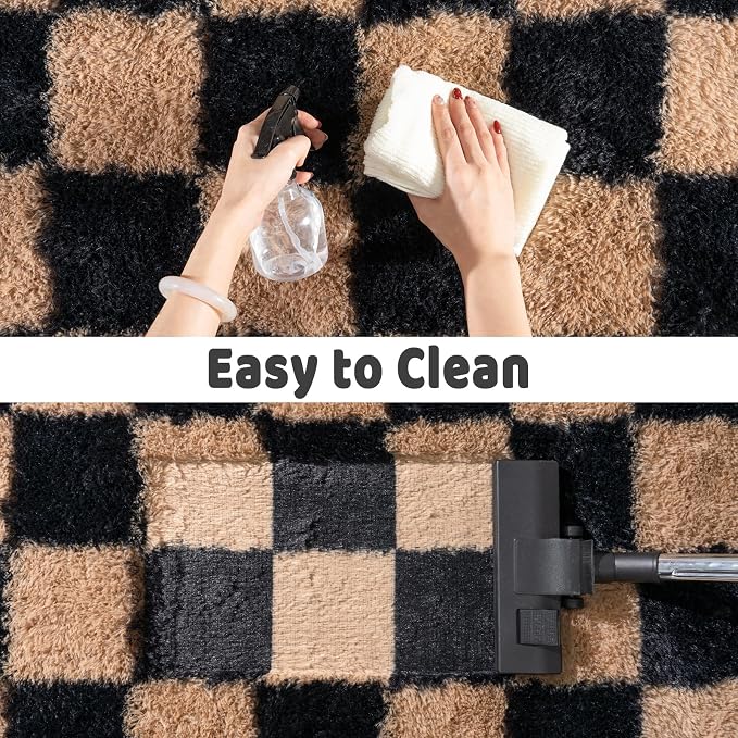 Shag Rugs for Bedroom, 4x6 Checkered Black Beige Soft Fuzzy Rugs for Living Room - Image 7