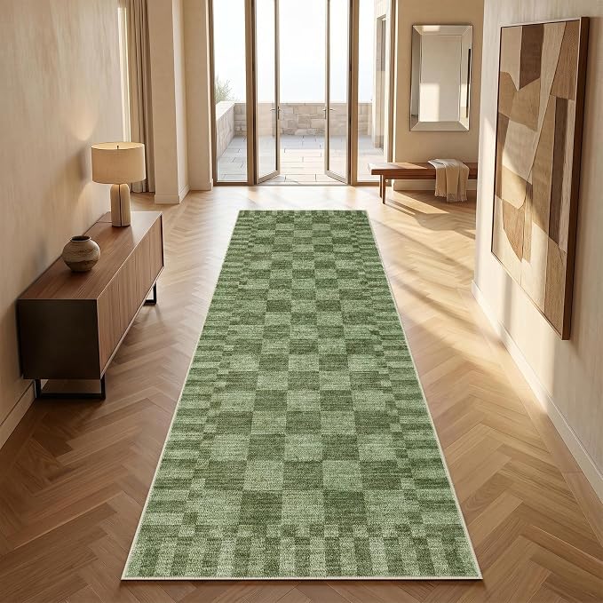 GarveeHome 2.5×8 Kitchen Runner Rug Non Slip, Moss Green Checkered Rug - Image 2