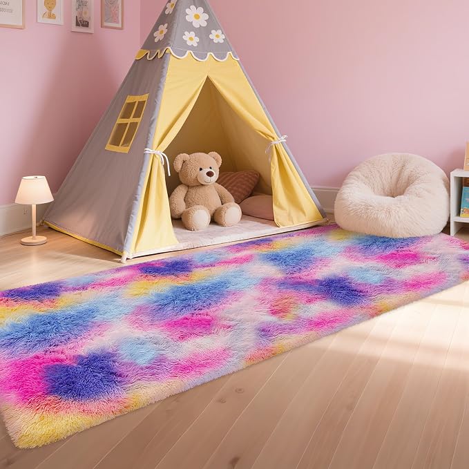 Soft Fluffy Pink Rainbow Rug for Girls Bedroom Carpet 2x8 Tie Dyed Shag Runner - Image 3