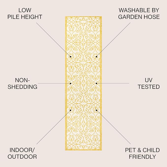 JONATHAN Y Vintage Filigree Indoor Outdoor Runner Rug 2X8 Cream/Yellow - Image 2