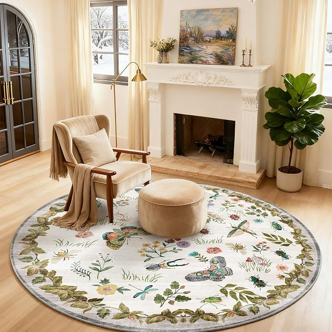 Washable Round Rugs for Bedroom 4ft: Living Room Rug Stain Resistant Non Slip by palohom
