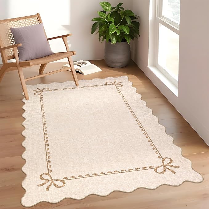 GarveeHome Scalloped Bow Rug for Living Room, Solid Beige Rug for Dorm by GarveeHome