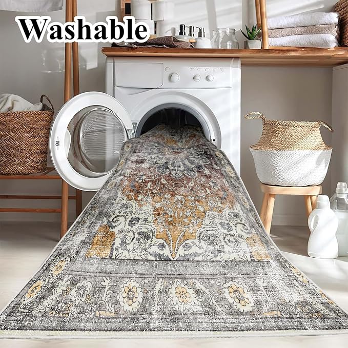 CHAMPLANT Area Rug 6x9 Washable Rug Brown Grey Vintage Traditional Distressed - Image 3