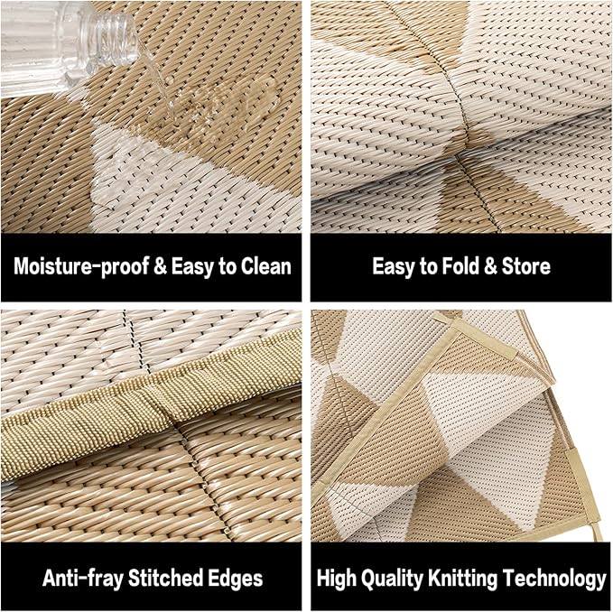 Outdoor Plastic Checkered Rug Waterproof Patio 5x8 Beige Brown Diamond Geometry - Image 6