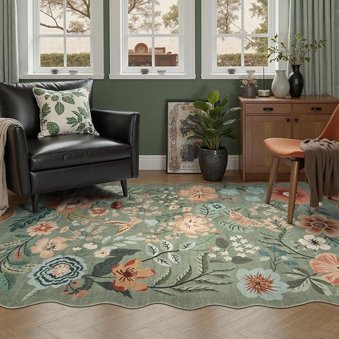 DCX Vintage Floral Rug 4x6, Washable Sage Green Rug by DCXWashableRug
