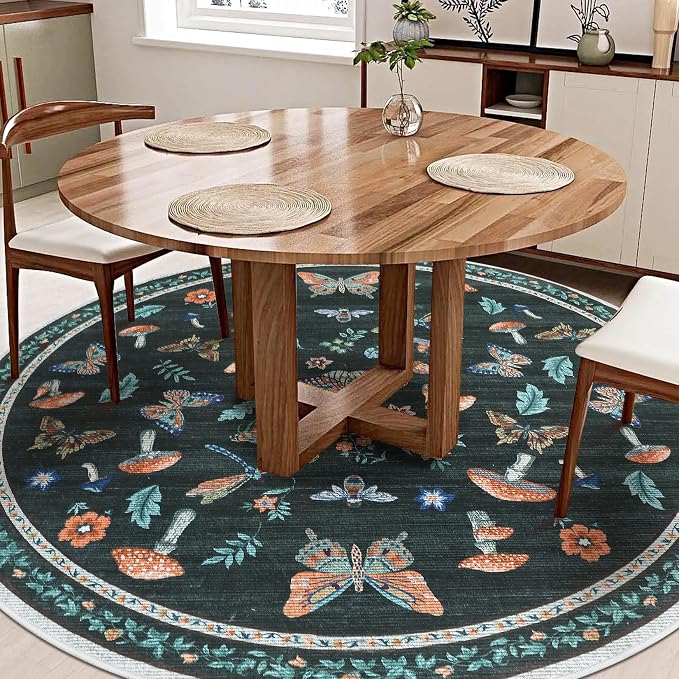 Mushroom Insect 4ft Round Rug Washable Non-Slip Soft Ultra-Thin Small Boho - Image 3