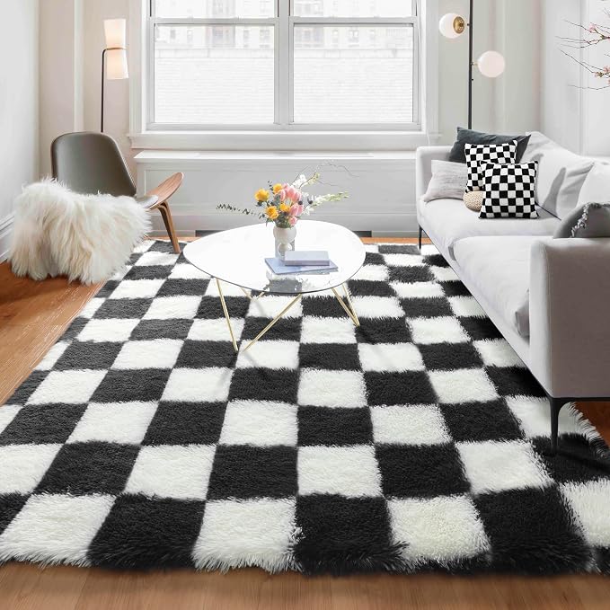 KICMOR Rugs for Living Room, 5x8 Area Rug Black and White Fluffy Shag Soft by KICMOR