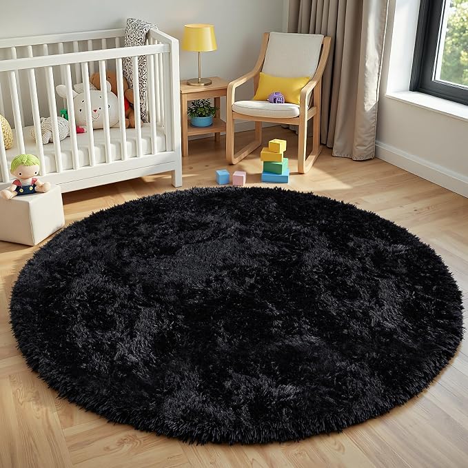 Black Round Fluffy Rug 5ft Plush Fuzzy Shaggy Carpet, Soft Rugs - Image 8