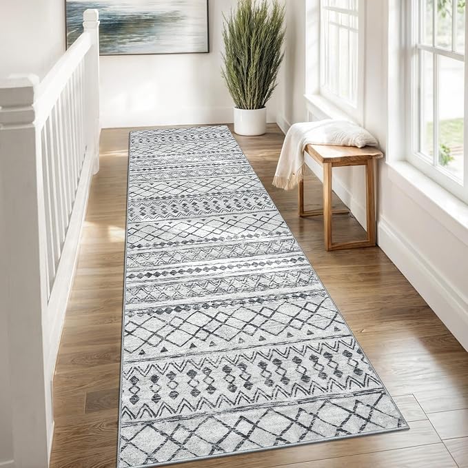 KUTA Moroccan Washable Runner Rug 2.6x8, Non-Slip Vintage Grey Boho Hallway - Image 3