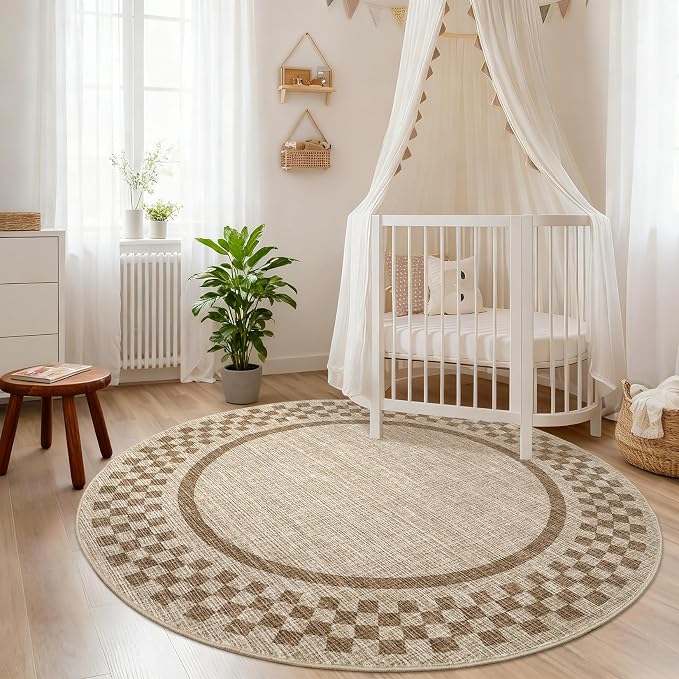 4ft Washable Round Rug for Entryway Modern Checkered Bedroom Circle Rug Non - Image 3