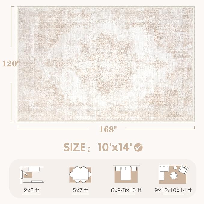 Area Rug 10x14 Vintage Rugs: Large Washable Living Room Rug Retro Medallion - Image 2